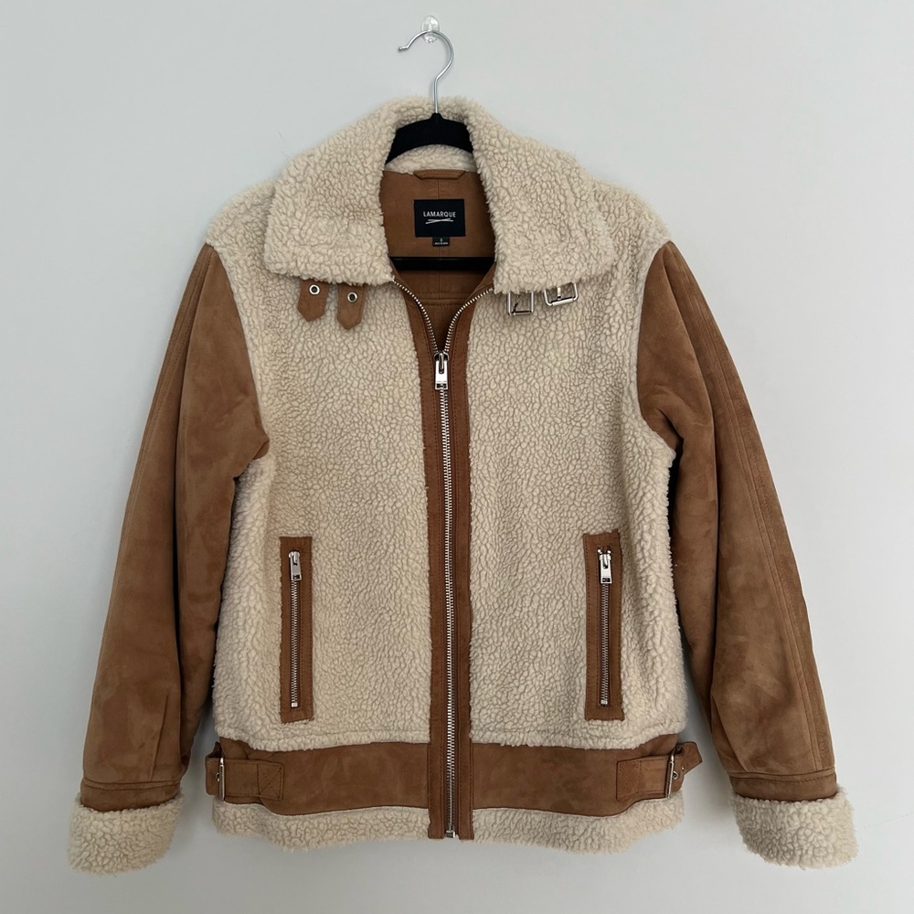 Lamarque Cream and Tan Brown Shearling Goat Leather Zip Buckle Jacket Size Small